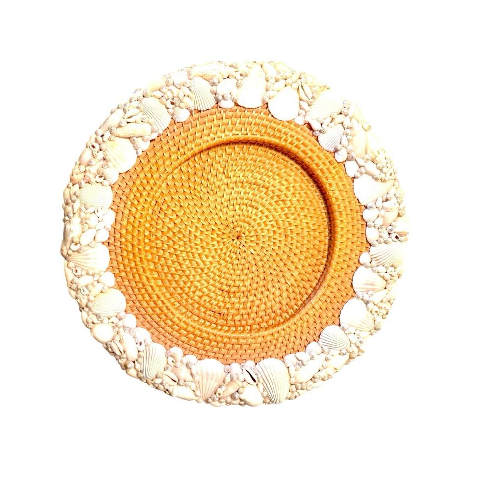 Pottery Barn Tava Sea Shell Rimmed Handwoven Rattan Beach Charger Plate Set Of 2 - Picture 4 of 7